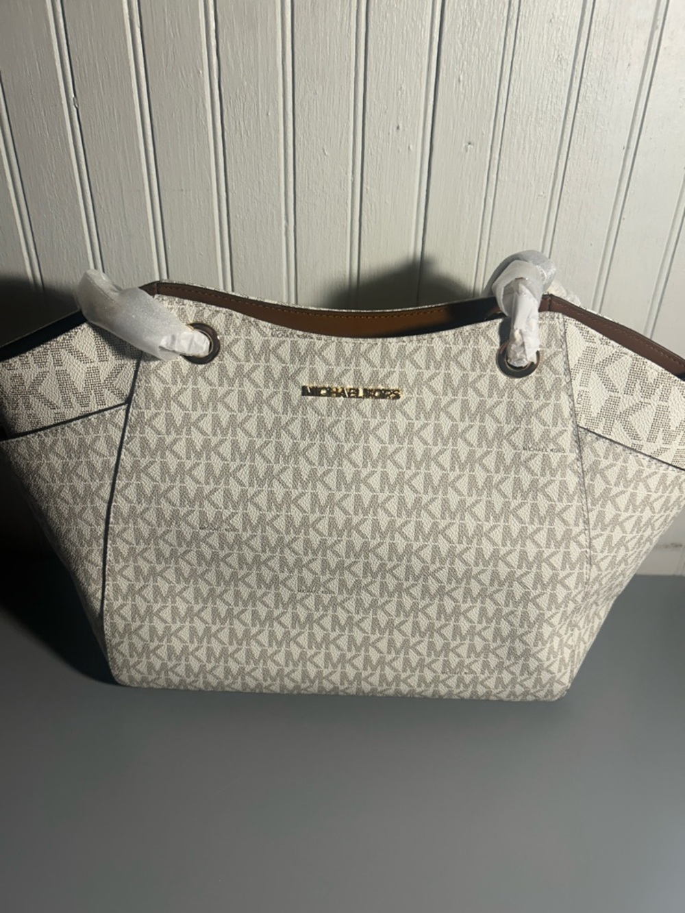 Michael Kors White and Brown MK Logo Tote